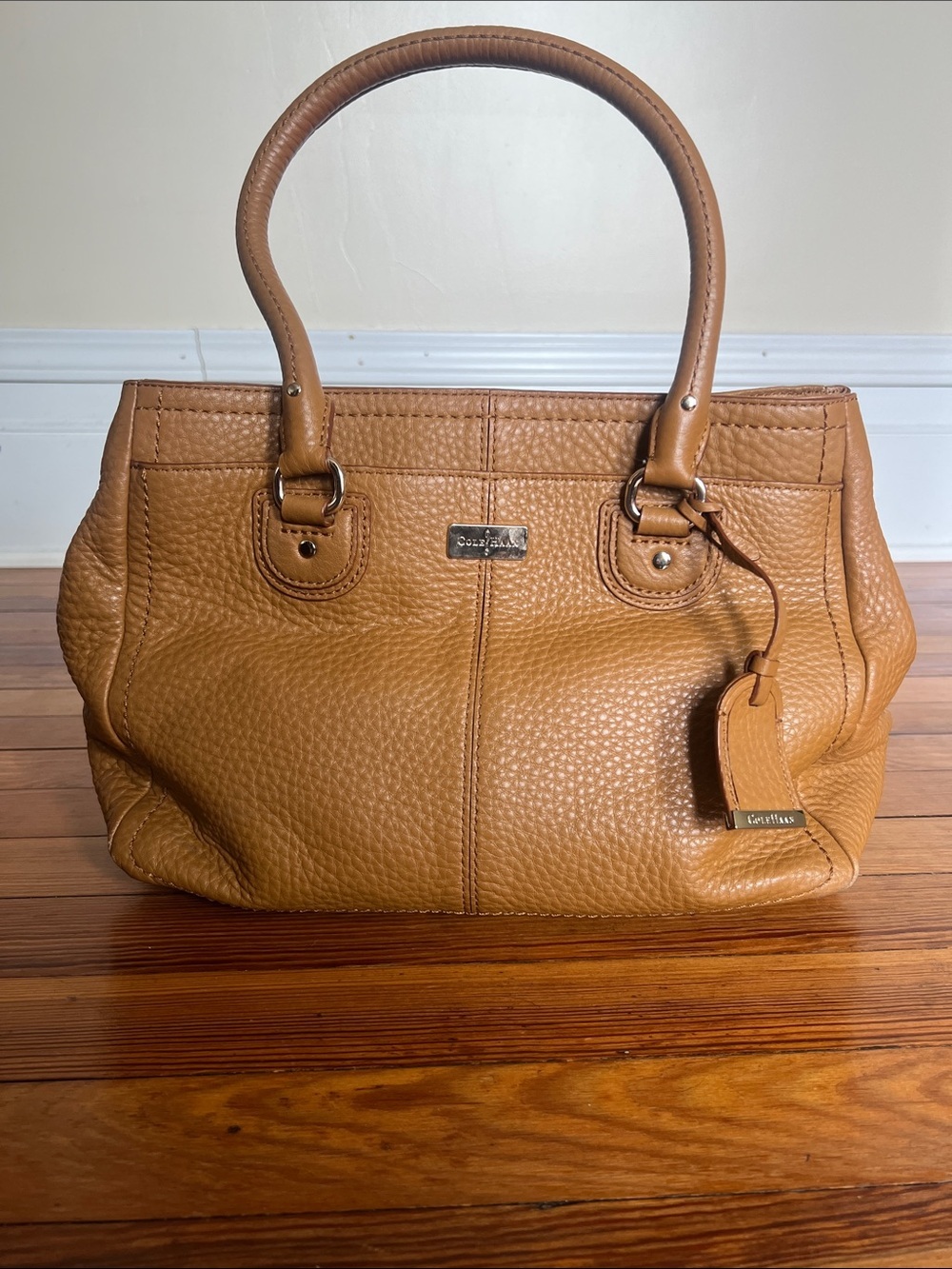 Cole Haan Cognac Pebbled Leather Shoulder Bag Tote + Dust Bag - Caramel Tan